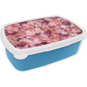 Broodtrommel Blauw - Lunchbox - Brooddoos - Bloemen - Roze - Rozen - 18x12x6 cm - Kinderen - Jongen