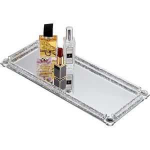 35 x 15 cm glass mirrored tray with minced diamond frame - rectangle decorative display tablet crystal -Eitele tray for cosmetic perfume and jewelry, cup-cup tray