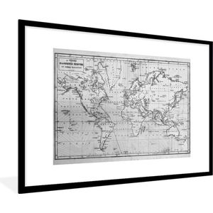 Fotolijst incl. Poster Zwart Wit- Wereldkaart met een grijze tint - zwart wit - 90x60 cm - Posterlijst