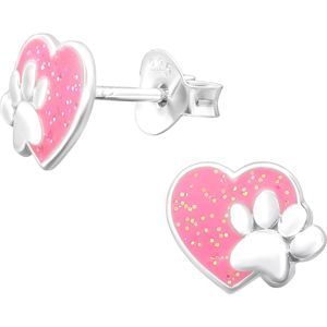 Joy|S - Zilveren hartje oorbellen - glitter roze kat hond dierenpoot - 9 x 7.5 mm - poot afdruk - kinderoorbellen