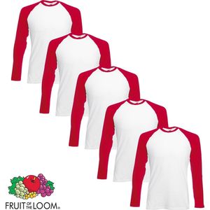 5 pack Fruit of the Loom Longsleeve T-shirts Rood/Wit XL