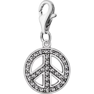 Quiges – Charm – Hanger - Zirkonia Peace Teken 3D - Verzilverd - karabijnslot - geschikt - voor - Zinzi, Thomas – Sabo - Ti Sento - Bedelarmband - QHC007