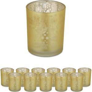 Waxinelichthouder/Theelichthouder Floraal Patroon Set van 12 - Sfeerverlichting Glas Goud 85x7 cm