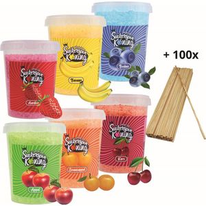 Suikerspin Suiker - Aardbei – Banaan – Bosbes – Appel – Sinaasappel – Kers incl. ± 100 suikerspin stokjes - 6 potten x 400 gram