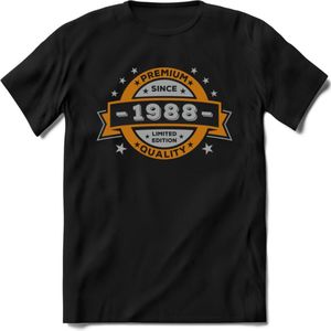 Premium Since 1988 T-Shirt | Zilver - Goud | Grappig Verjaardag en Feest Cadeau Shirt | Dames - Heren - Unisex | Tshirt Kleding Kado | - Zwart - M