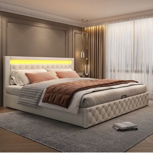Gestoffeerd Bed met LED-verlichting - 180 x 200 cm - Tweepersoonsbed - Opbergbed met Opbergruimte - Zonder matras - Wit