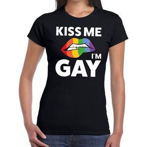 Kiss me I am gay t-shirt zwart dames - feest shirts dames - gaypride kleding S