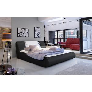 Flavio slaapkamer bed 180x200 met opberger, houten verhoogd frame, eco-leer, zwart+wit, Maxi Huis