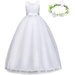 Joya Kids® Communie jurk Meisje Wit | Bruidsmeisjes jurk | Prinsessen jurk | Feestjurk + bloemenkrans | Maat 160 (158/164)