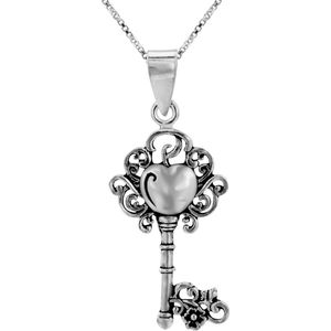 Zilveren ketting dames | Zilveren ketting met hanger, sierlijk bewerkte sleutel met hart