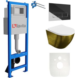 LAVITA® Inbouwreservoir Complete Toiletset LAV 101 - Inbouw WC Hangtoilet Wandcloset SOFI SLIM BRUSHED GOLD - Bedieningsplaat 200.3.2 Chroom - Voorwandelement voor toilet 40cm - Installatiesysteem