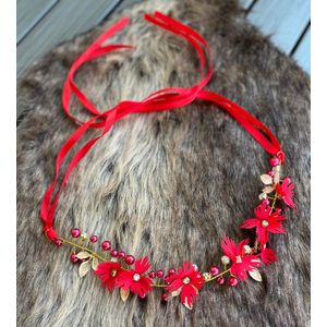 haarband - gouden diadeem-bloemenkroon-handgemaakte haaraccessoires-rode bloemetjes-bruiloft-kerstmis-nieuwjaar-bruidsmeisje-communie -lentefeest-fotoshoot-verjaardag