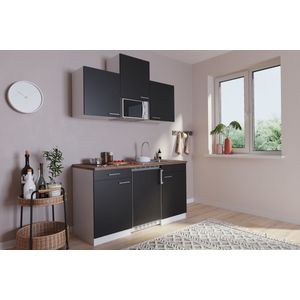 Goedkope keuken 150  cm - complete kleine keuken met apparatuur Luis - Wit/Zwart - keramische kookplaat  - koelkast  - magnetron - mini keuken - compacte keuken - keukenblok met apparatuur