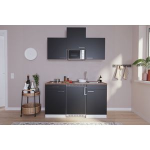 Goedkope keuken 150  cm - complete kleine keuken met apparatuur Luis - Wit/Zwart - keramische kookplaat  - koelkast  - magnetron - mini keuken - compacte keuken - keukenblok met apparatuur