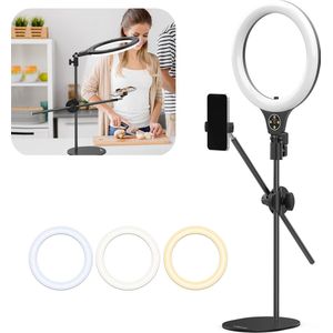 Ulanzi Ring-10 Topshot Ringlamp met statief - Werkhoogte 80 cm - 180 graden kantelbaar - voor smartphones tot 9,4 cm breed - Zwart