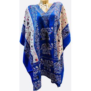 Dames kaftan/tuniek met olifantenprint onesize 36-50 blauw/wit