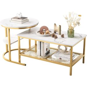 CozyLiving Salontafel Marmer - Salontafel met Opbergruimte - Salontafel Rond - Met opslagruimte - Bijzettafel - Set van 2 - Ø70 & Ø45cm - Wit Marmer met Gouden Frame