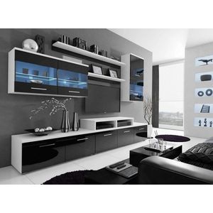 Beta - TV-wandmeubel, TV-meubel LED, woonkamer, wit-zwart glanzend - breedte 250 cm - Maxi Maja