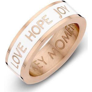 Key moments 8KM-R0006-50 Stalen Ring - Dames - Wit - Emaille - LOVE HOPE JOY - Maat 50 - Staal - Cadeau - Rosé Gold Plated