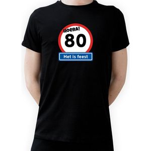 T-shirt Hoera 80 jaar|Fotofabriek T-shirt Hoera het is feest|Zwart T-shirt maat M| T-shirt verjaardag (M)(Unisex)