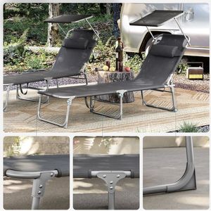 Sun Lounger - Outdoor Sun Lounger - Opvouwbare Sun Lounger - Verstelbare Sun Lounger - Garden Sun Lounger - Met Kussen En Dak - Zwart - 53 x 193 x 29,5 cm