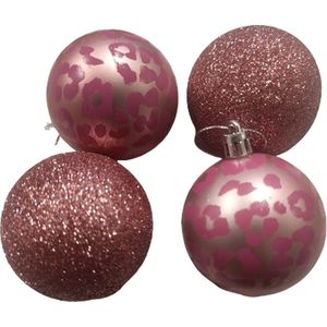 Luxe glitter kerstballen BLITZ met panter print - Roze / Glitter - Kunststof - Set van 8 - Kerst - kerstmis - kerstboom