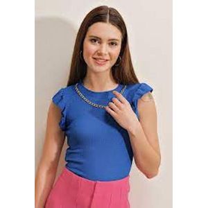 Dames blouse shirt met ruches en gouden ketting ronde hals | Blauw