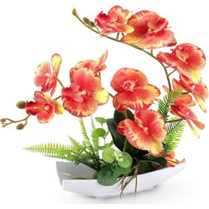 decoratieve real touch nep orchidee bonsai kunstbloemen met imitatie porselein bloempotten phalaenopsis bloemstukken voor home decoratie (oranje rood)