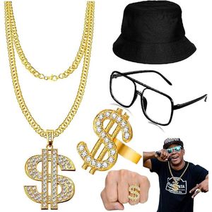 4 Stuks Hip Hop Kostuumset, Dollar Ketting, Zonnebril, Gouden Ring Dollartekens, Bucket Hoed, Rapperaccessoires Uit de Jaren 80/90, Voor Mannen en Vrouwen