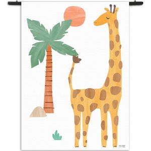 Velours Wandkleed Giraffe in het bos Rechthoek Verticaal - Kinderkamer - Baby cadeau - Babykamer XL (210 X 150 CM) - Wandkleden - Met roedes