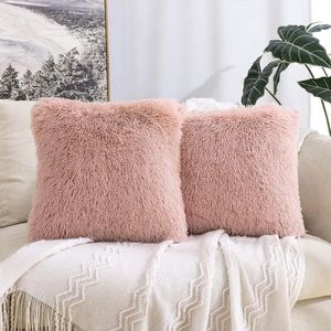 Kussenslopen imitatiebont pluizig zacht vierkant decoratief schattig pluche kussenhoes - woonkamer slaapkamer - 40 x 40 cm - lederkleurig poederkleurig .