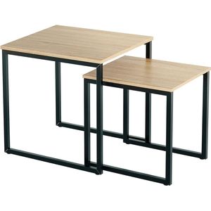 Salontafel, set van 2, bijzettafel met stalen frame, houten woonkamertafel, banktafel voor woonkamer, slaapkamer, kantoor, vierkant