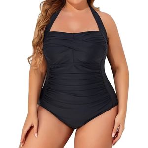 Retro Badpak Plus Size- Sexy Corrigerend Gekruiste Halter Badpak- Zwemkleding Badmode Bikini Zwempak Strandkleding 208- Zwart- Maat XL