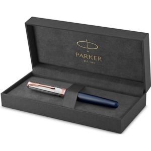 Parker Sonnet rollerbalpen | Intrepid Journeys Collection, Mt. Fuji Edition | Blauwe lak en massief zilver met rosé gouden details | Fijne penpunt met zwarte inkt | Geschenkverpakking