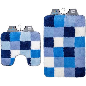 Wicotex - Badmat set met Toiletmat - WC mat met uitsparing Blauw Wit geblokt - Antislip onderkant