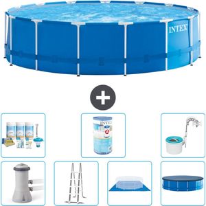 Intex Rond Frame Zwembad - 457 x 122 cm - Blauw - Inclusief Pomp - Ladder - Grondzeil - Afdekzeil Onderhoudspakket - Filter - Skimmer