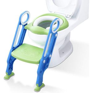 potjestrainer kinderpotje toiletbril trainer zitje voor kinderen toilettraining met ladder/trap, antislip, stabiel, inklapbaar en in hoogte verstelbaar, voor kinderen van 1-7 jaar, blauw en groen