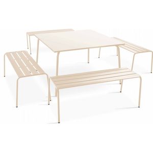 Oviala - Set van een vierkante tuin tafel en 4 banken in ivoor metaal - Palavas