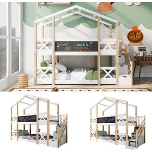 Kinderbed Boomhut met Opbergruimte en Valbeveiliging 90x200 cm, Hoogbed voor Kinderen-2x Lattenbodem-Natuur & Wit