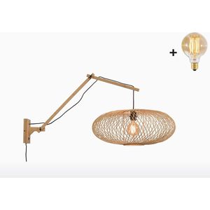 Wandlamp met Lange Arm - CANGO - Naturel Bamboe - Naturel Kap (60x25cm) - Met LED-lamp