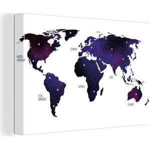 Canvas Wereldkaart - 140x90 - Wanddecoratie Wereldkaart - Paars - Sterrenhemel - Kinderen - Jongens - Meisjes