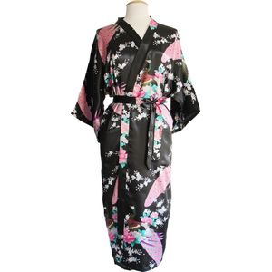 KIMU® Kimono Zwart 7/8e - Maat M-L - Yukata Satijn Boven de Enkel - Lange Zwarte Ochtendjas Japanse Kamerjas Sexy Satijnen Badjas Geisha Vogelprint Ja Festival