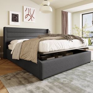 Opbergbed Dubbelbed 140x200cm - Hydraulisch, houten lattenbodem, linnen, grijs (zonder matras)
