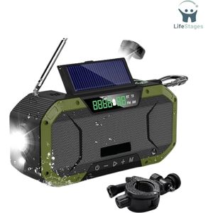 LifeStages - Noodradio Opwindbaar en Batterij - Zwengelradio met Oplaadfunctie voor Mobiele Telefoon - 5000 mAh, 7W, IPX5 Waterdichte Bluetooth-luidspreker - Draagbare Auto-scan - AM/FM - Noodradio met Zaklamp - LED-leeslamp - Donkergroen