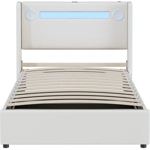 Merax Kinderbed 90x200 cm met LED Verlichting en Bluetooth Speaker – Wit Kunstleer – Eenpersoonsbed met USB Oplaadpunten en Hydraulische Opbergruimte