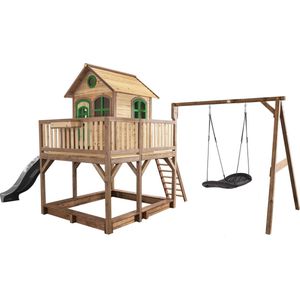 AXI Liam Speelhuis in Bruin/Groen - Met Roxy Nestschommel, Grijze Glijbaan en Zandbak - Speelhuisje op palen met veranda - FSC hout - Speeltoestel voor de tuin