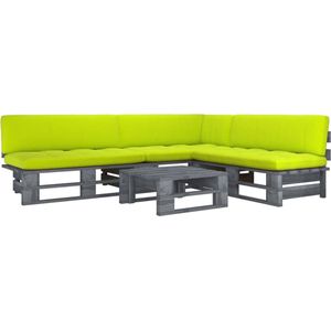 The Living Store Pallet Lounge Set - Grenenhout - Helder groene kussens - Tafel- 60x60x25cm - Midden/hoekbank- 110x65x55cm