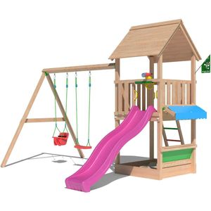 Jungle Gym speeltoestel van douglas hout - Jungle Suite met roze glijbaan - Tuin speeltoestel voor buiten met zandbak en schommels