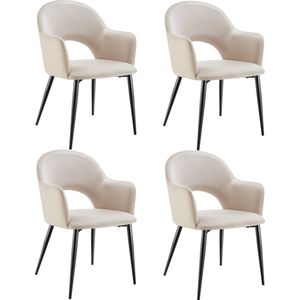 tectake® - Fauteuil Sachel – Eetkamerstoel - Set van 4 - Fluweellook - Gestoffeerd - Comfortabele zitschalen - Ergonomisch ontwerp - 120 kg draagkracht - Creme