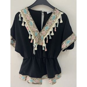 Playsuit meiden meisjes zwart ibiza strand beach boho bohemian voorjaar zomer kralen pailletten steentjes studs maat 4/4Y